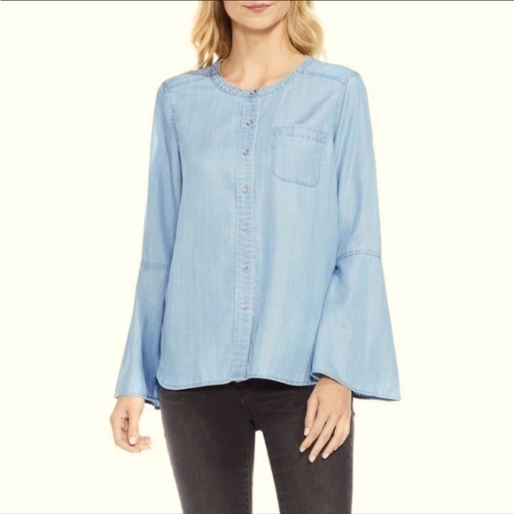 Two Vince Camuto Light Blue Denim Logo Button Up Shirt Long Bell Sleeve Size M - Picture 1 of 10